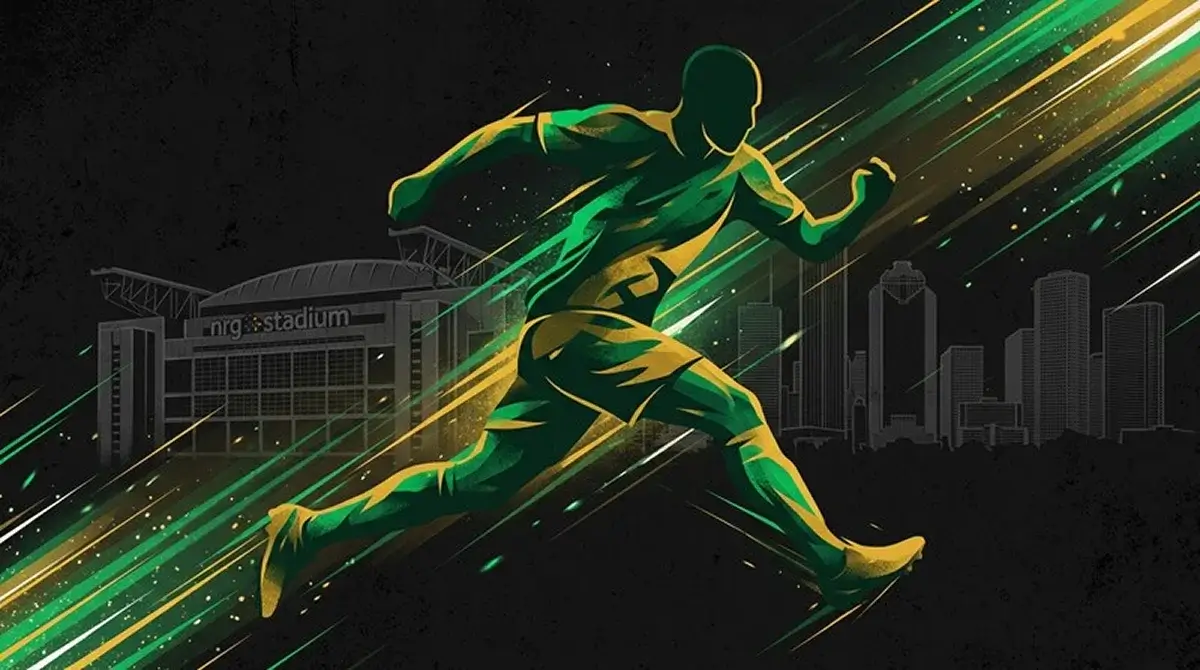 Stilizált grafika egy támadó futballistáról és a houstoni stadion sziluettjéről, brazil zöld-arany színvilágban