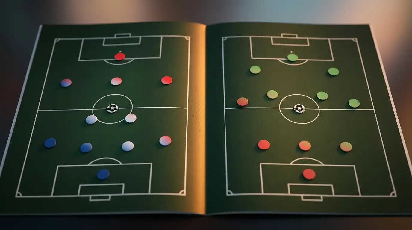 Kompakt taktikai diagram két kezdőcsapati felállással: francia 4-2-3-1 kék-fehér-piros színekben és marokkói 3-4-3 piros-zöld színekben, függőleges fényvonallal elválasztva