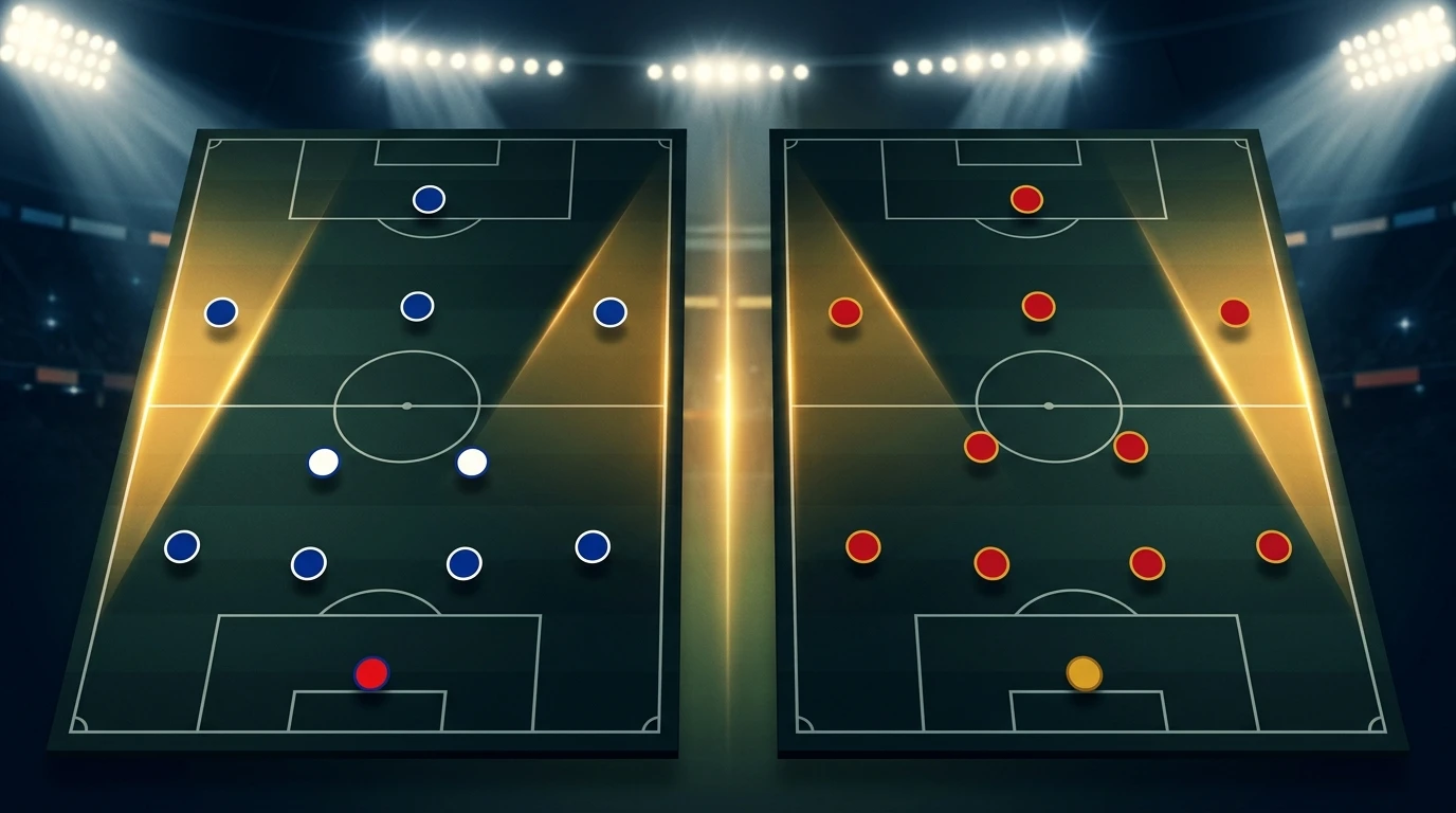 Taktikai infografika két 4-2-3-1-es felállással: Franciaország kék-fehér-piros pontjai és Spanyolország piros-sárga pontjai, a két szélső folyosó erős fénycsíkokkal kiemelve