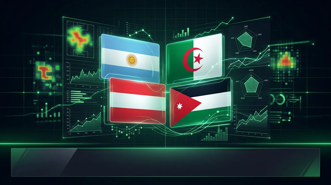 A 2026-os labdarúgó világbajnokság J csoportjának négy válogatottja - Argentína, Algéria, Ausztria és Jordánia zászlói a pályán